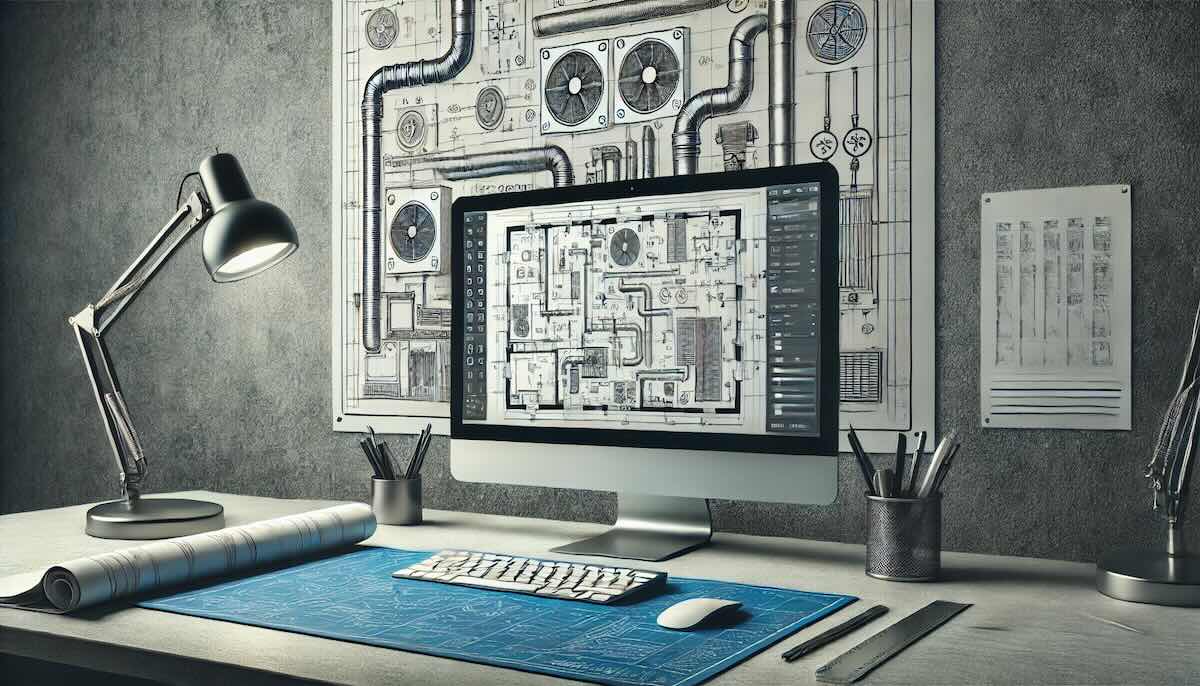 a desk with a screen showing complicated drawings of ventilation and heating